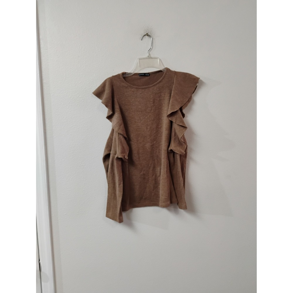 Zara Collection B Brown Cold Shoulder Ruffle Knit Top Long Sleeve Medium